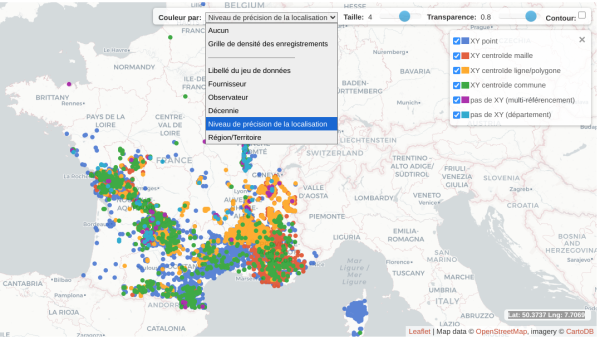  Carte OpenObs avec outil de sélection d'un critère d'affichage